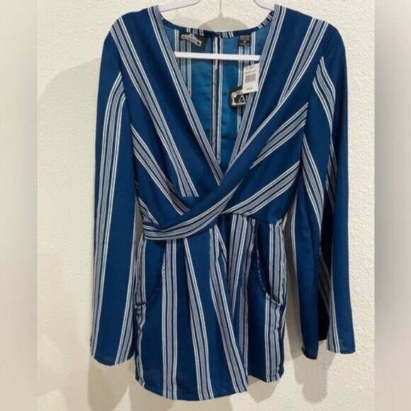 New Angie Boho Festival Plunge Romper Nautical Lightweight Striped Beachy - Picture 1 of 6